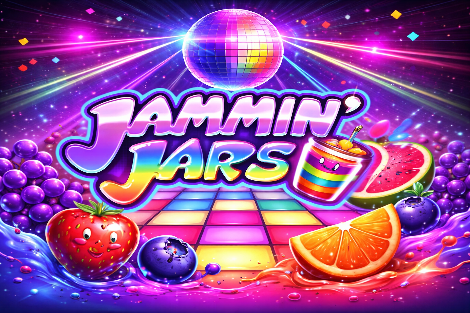 An image that is fun, vibrant and full of colour with fruit, a disco ball and text in the middle saying JAMMIN JARS