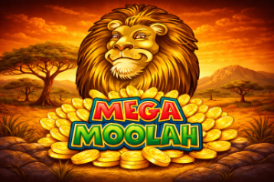 An image of a big lion head, a pile of gold coins, a sunset sahara desert style background and bold text saying MEGA MOOLAH in red and green