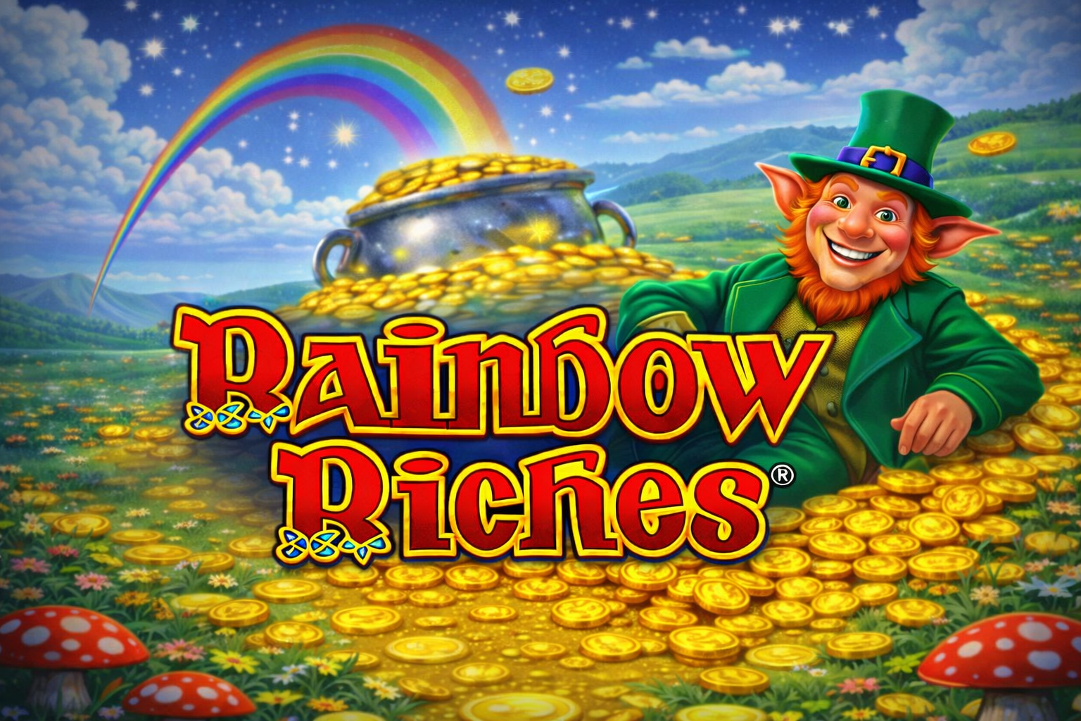 An image of a leprechaun lying on a hill surrounded by gold coins and a rainbow and bold text saying RAINBOW RICHES in red
