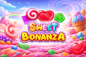 An image of a fluffy, fun, candy background with sweets and ice creem, rainbows and clouds and bold colourful text in the middle saying SWEET BONANZA with some enlarged candy sweets above it