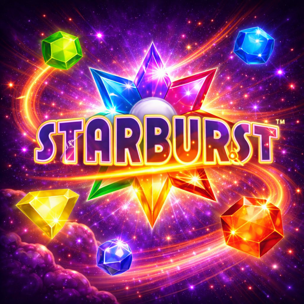 An image of a purple galaxy background with large gems and text similar to the STARBURST online slot game