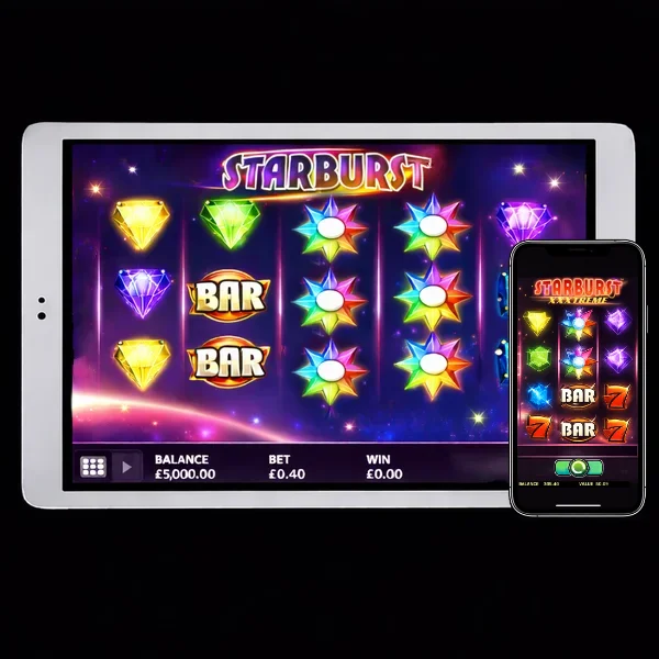 An image of a silver ipad and black mobile phone on a black background, on both screens are game screens similar to STARBURST and STARBURST XXXTREME online slot games
