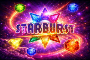 An image of a purple galaxy background with large gems and text similar to the STARBURST online slot game