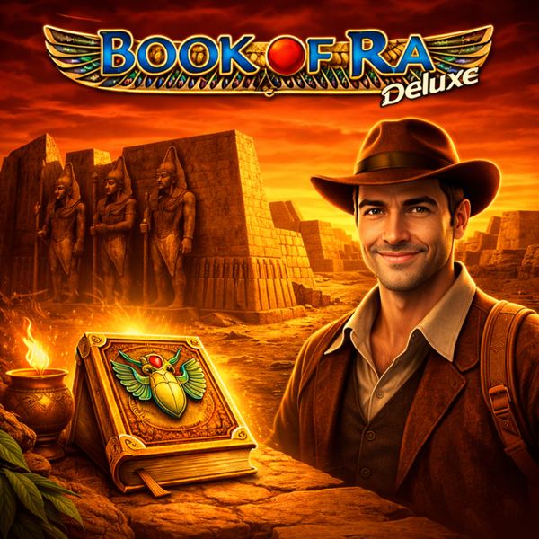 A hero image of a male explorer in an egyptian themed setting surrounded by tombs and a book with a scarab on the front in the BOOK OF RA DELUXE style