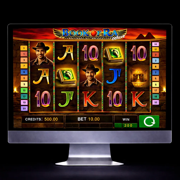 An image of a silver mac monitor on a black background with a BOOK OF RA DELUXE themed online slot game image on the screen
