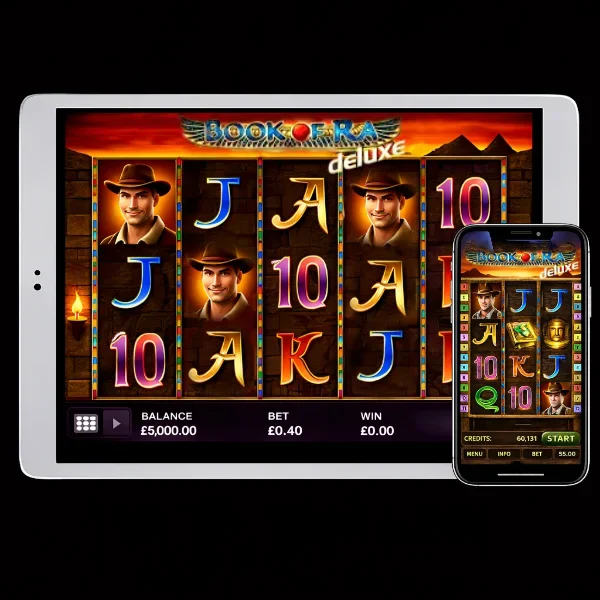 An image of a silver ipad and mobile phone on a black background, on both screens are BOOK OF RA DELUXE themed online slot game images