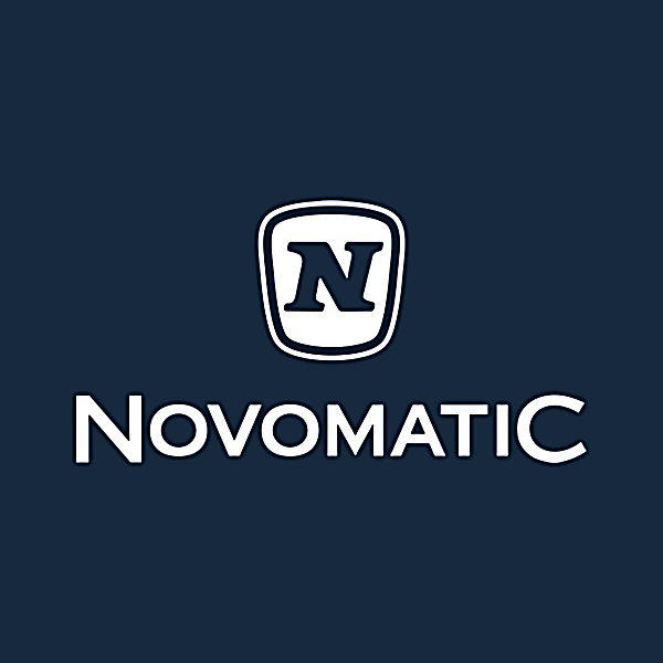 Novomatic provider logo with a dark blue background and white text