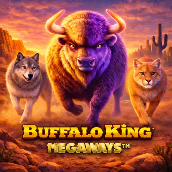 An image of a gold and purple buffalo running through the desert with a wolf and big cat and gold text saying BUFFALO KING MEGAWAYS in bold text