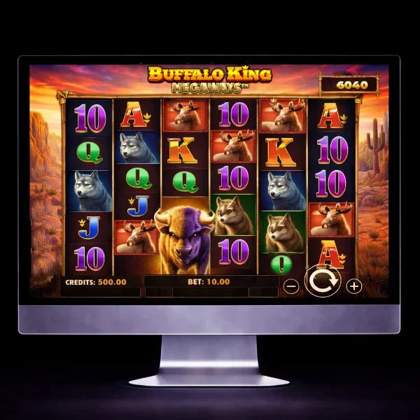 An image of a silver mac monitor on a black background with a BUFFALO KING MEGAWAYS  themed online slot game image on the screen
