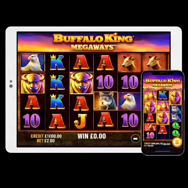 An image of a silver ipad and mobile phone on a black background, on both screens are BUFFALO KING MEGAWAYS themed online slot game images
