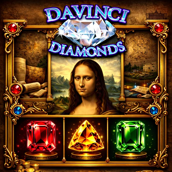 An image of the Mona Lisa on a gold jewel embezelled ornate frame with a red, orange and green gemstones and the DAVINCI DIAMONDS logo in bold text with a diamond