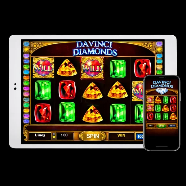 An image of a silver ipad and mobile phone on a black background, on both screens are DAVINCI DIAMONDS themed online slot game images