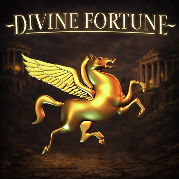 An image of a gold horse on a dark, greek themed background with bold white text saying DIVINE FORTUNE