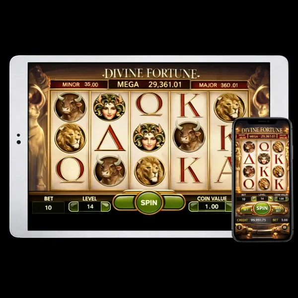 An image of a silver ipad and mobile phone on a black background, on both screens are DIVINE FORTUNE themed online slot game images