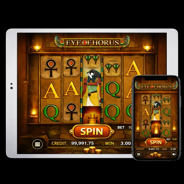 An image of a silver ipad and mobile phone on a black background, on both screens are EYE OF HORUS themed online slot game images