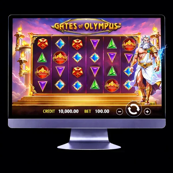 An image of a silver mac monitor on a black background with a GATES OF OLYMPUS themed online slot game image on the screen