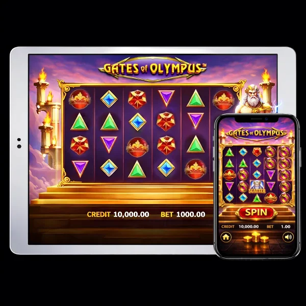 An image of a silver ipad and mobile phone on a black background, on both screens are GATES OF OLYMPUS themed online slot game images