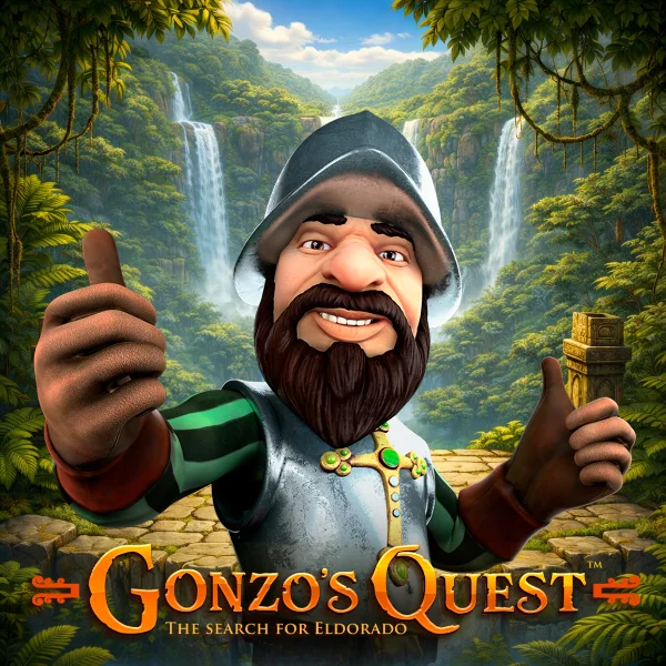 An image of a jungle themed background, in the centre is a bearded man wearing body armour and a silver hat in the theme of GONZO'S QUEST with the game title in bold orange text