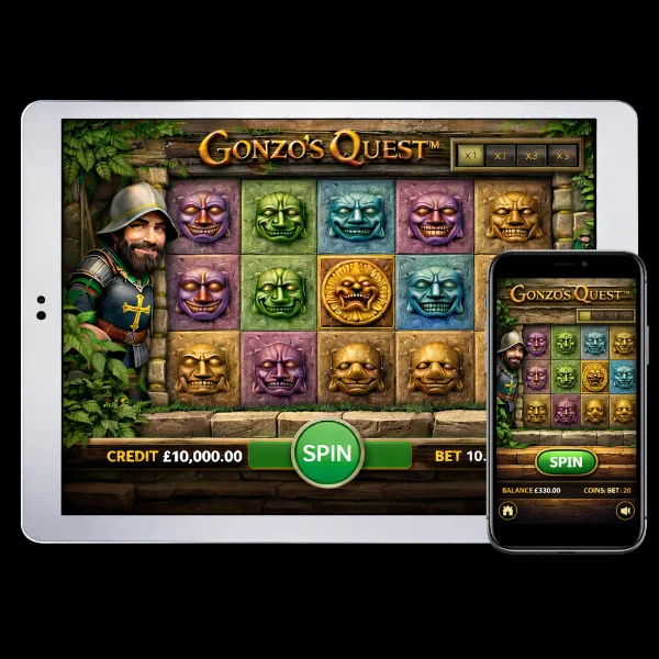 An image of a silver ipad and mobile phone on a black background, on both screens are GONZO'S QUEST themed online slot game images