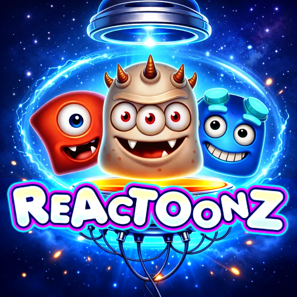 An image of three aliens under a portal on a blue electrifying background with REACTOONZ written in bold write and purple text