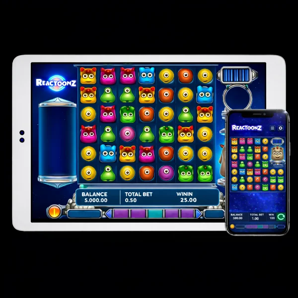 An image of a silver ipad and mobile phone on a black background, on both screens are REACTOONZ themed online slot game images