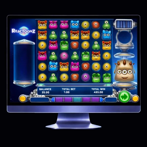 An image of a silver mac monitor on a black background with a REACTOONZ themed online slot game image on the screen