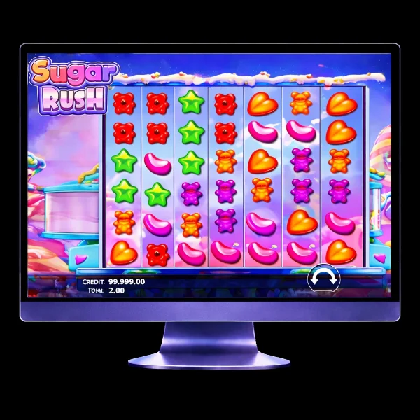 An image of a silver mac monitor on a black background with a SUGAR RUSH themed online slot game image on the screen