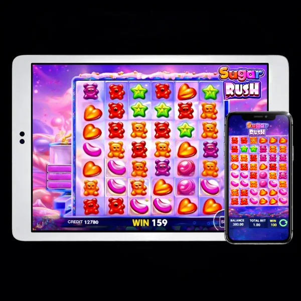An image of a silver ipad and mobile phone on a black background, on both screens are SUGAR RUSH themed online slot game images