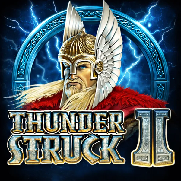 An image of a blonde long haired man wearing a gold feathered helmet, a red fur topped jacket with a eletrifying background and bold stone effect text saying THUNDERSTRUCK II