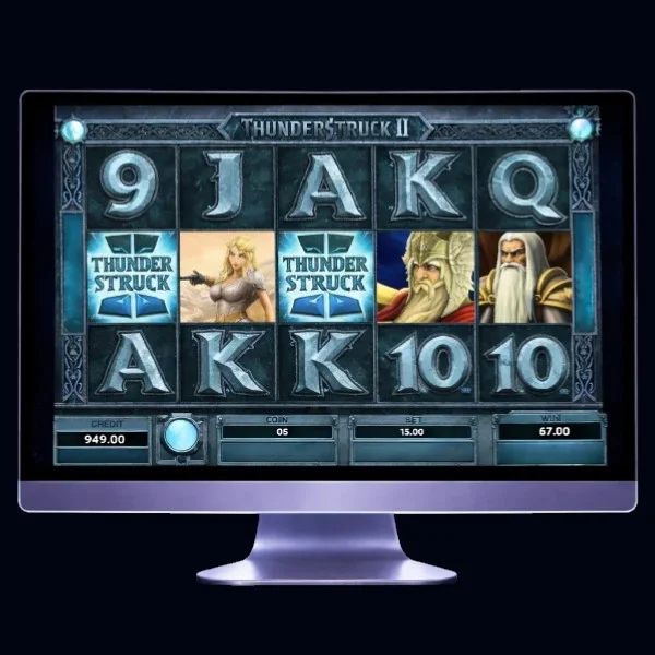 An image of a silver mac monitor on a black background with a THUNDERSTRUCK II themed online slot game image on the screen