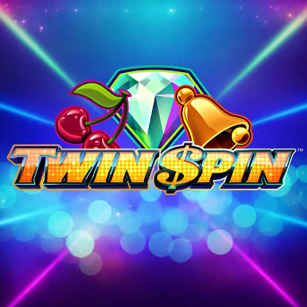 An image of a blue, green, pink background with laser and circle effects, in the centre is bold orange text saying TWIN SPIN with a giant cherry, bell and diamond above it