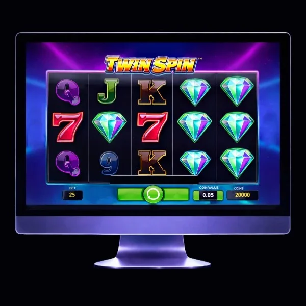 An image of a silver mac monitor on a black background with a TWIN SPIN themed online slot game image on the screen