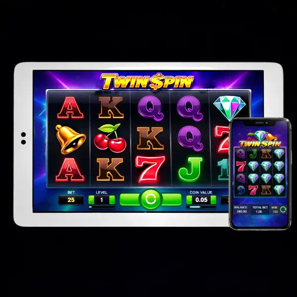 An image of a silver ipad and mobile phone on a black background, on both screens are TWIN SPIN themed online slot game images