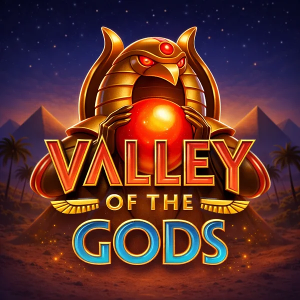 An image of a giant scarab style glden creature holding a big red ball, the background is dark blue/purple and brown egyptian looking with pyramids and bold red, gold and blue text saying VALLEY OF THE GODS