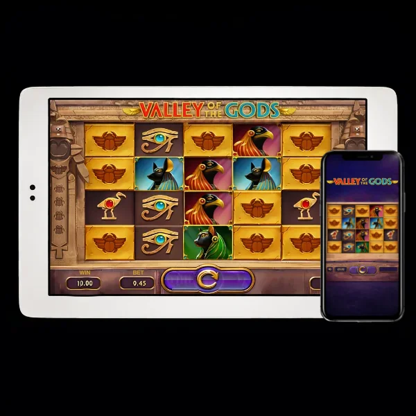 An image of a silver ipad and mobile phone on a black background, on both screens are VALLEY OF THE GODS themed online slot game images