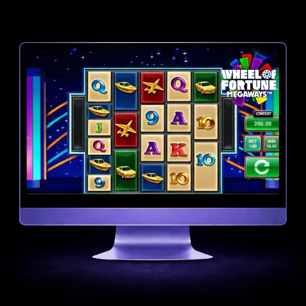 An image of a silver mac monitor on a black background with a WHEEL OF FORTUNE MEGAWAYS themed online slot game image on the screen