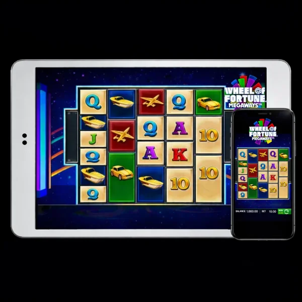 An image of a silver ipad and mobile phone on a black background, on both screens are WHEEL OF FORTUNE MEGAWAYS themed online slot game images