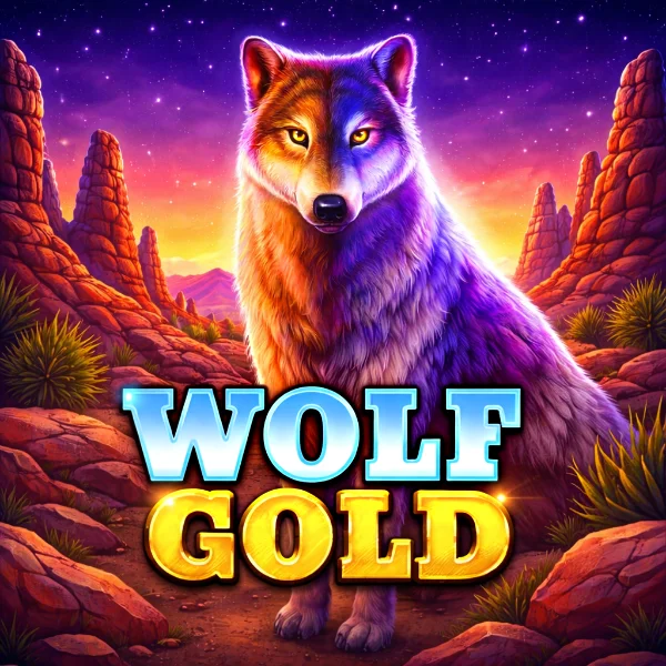 An image of a brown and purple wolf against a purple and brown rocky mountain background at sunet with bold blue, white and gold text saying WOLF GOLD across the centre