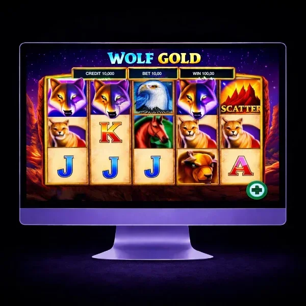 An image of a silver mac monitor on a black background with a WOLF GOLD themed online slot game image on the screen