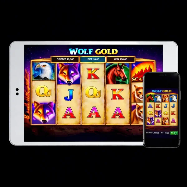 An image of a silver ipad and mobile phone on a black background, on both screens are WOLF GOLD themed online slot game images