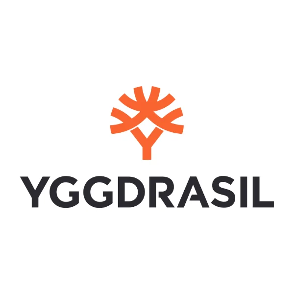 Yggdrasil Gaming provider logo with a white background, black text and an orange tree like symbol