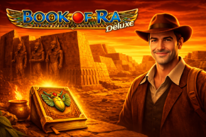 A hero image of a male explorer in an egyptian themed setting surrounded by tombs and a book with a scarab on the front in the BOOK OF RA DELUXE style