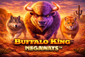 An image of a gold and purple buffalo running through the desert with a wolf and big cat and gold text saying BUFFALO KING MEGAWAYS in bold text