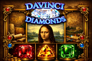 An image of the Mona Lisa on a gold jewel embezelled ornate frame with a red, orange and green gemstones and the DAVINCI DIAMONDS logo in bold text with a diamond