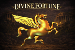 An image of a gold horse on a dark, greek themed background with bold white text saying DIVINE FORTUNE