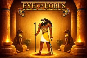 An image of a tomb with a character from the EYE OF HORUS online slot game, surrounded by egyptian cats and tall columns