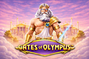 An image of the GATES OF OLYMPUS god infront of golden buildings on a pink and purple background with the bold game title text in gold and purple