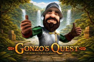 An image of a jungle themed background, in the centre is a bearded man wearing body armour and a silver hat in the theme of GONZO'S QUEST with the game title in bold orange text