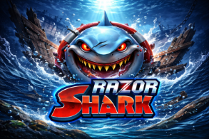 An image of a shark smashing through a life ring off the side of a shipwreck in the ocean with white and red bold text saying RAZOR SHARK for the game title