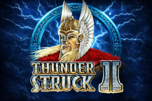 An image of a blonde long haired man wearing a gold feathered helmet, a red fur topped jacket with a eletrifying background and bold stone effect text saying THUNDERSTRUCK II